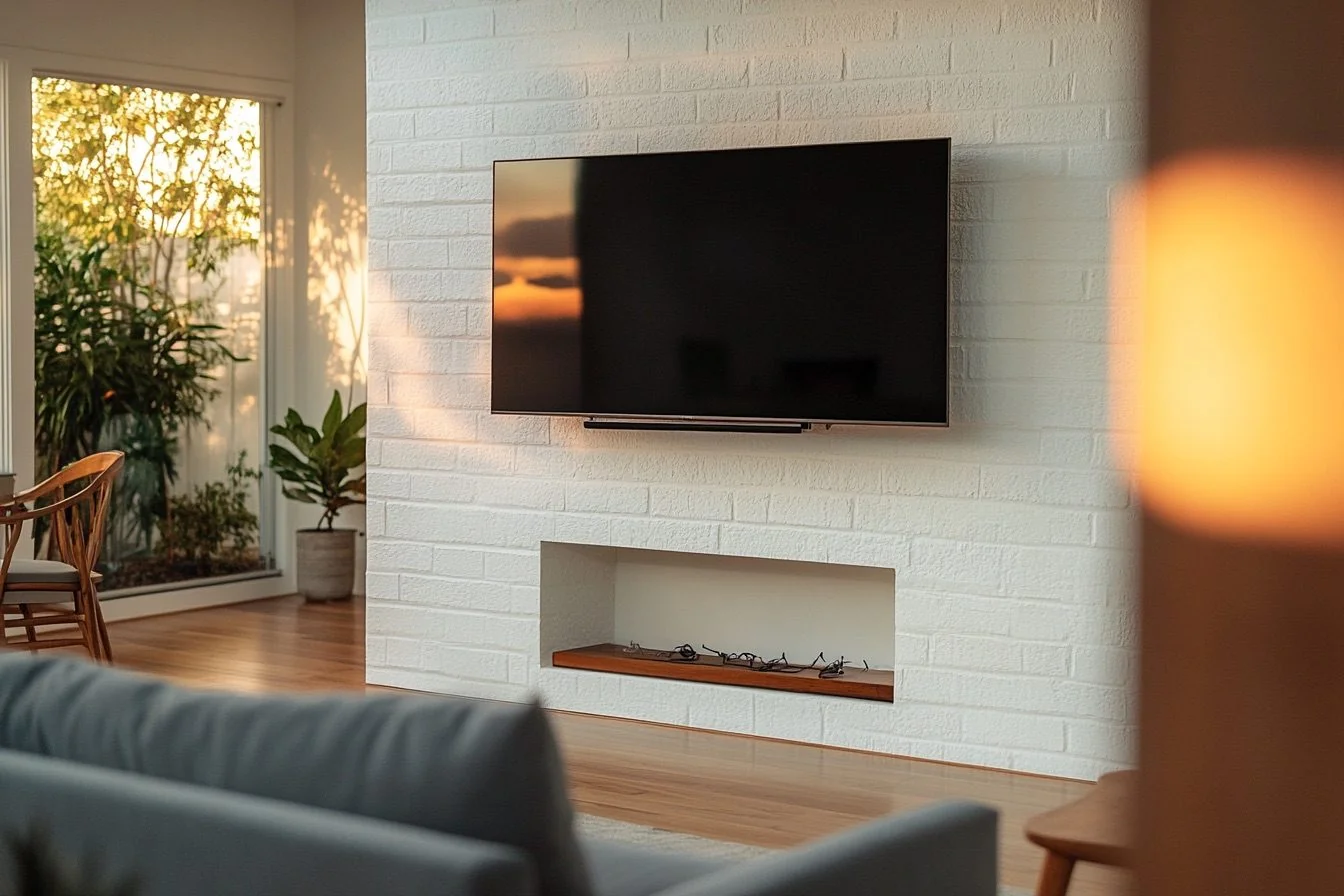 TV with concealed wires above Tampa fireplace