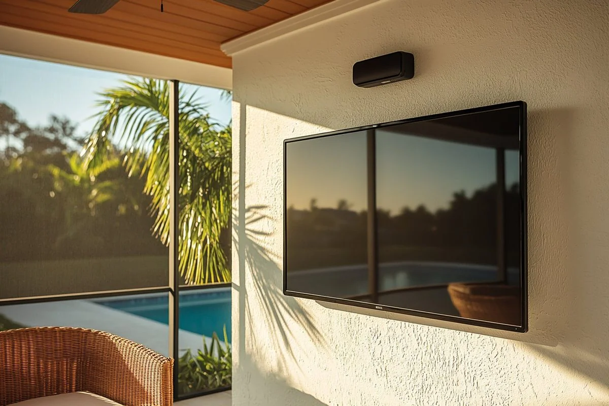 Outdoor lanai TV mounting in Riverview Florida covered patio