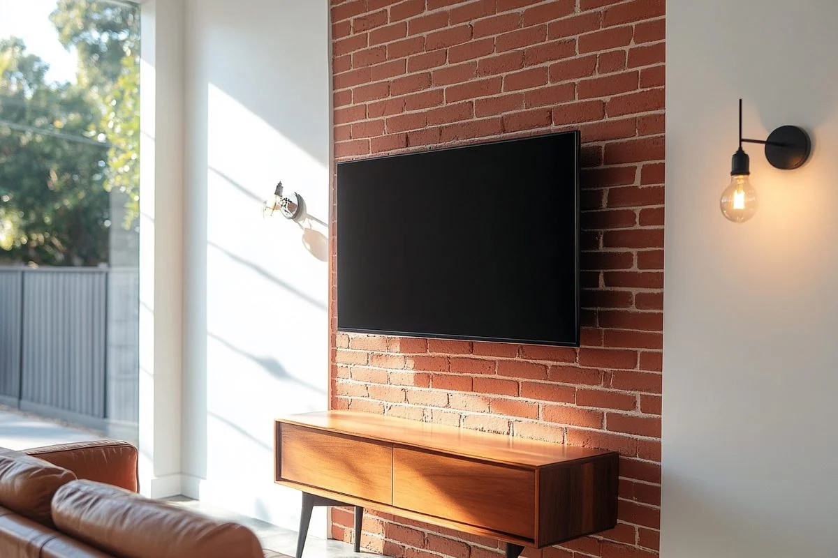 TV mounted on red brick accent wall in Tampa loft, anchored into mortar joints